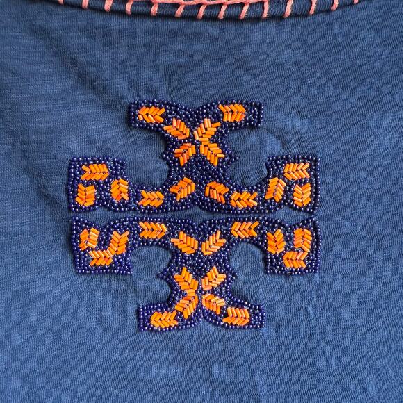 Tory Burch Embroidered Cotton Top Blue Orange Embellishment Sz S - Picture 3 of 9